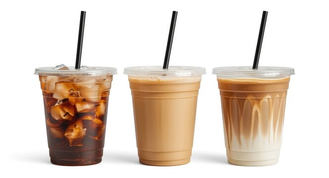 Cold coffee beverages served in plastic takeaway cups with straws isolated against white background
