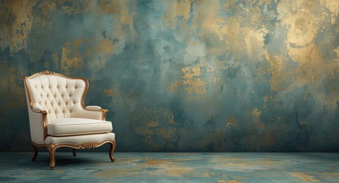 Classic vintage armchair in cream tone placed in front of a textured gold and teal backdrop with space for text