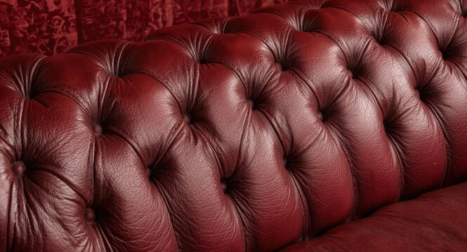 Diamond button tufted leather in deep red capitone with a classic Chesterfield vintage design pattern