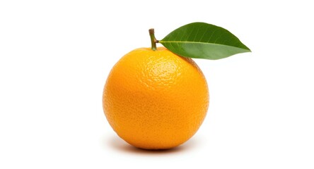 Bright orange citrus fruit featuring attached leaves isolated on white background highlighting vitamin C value