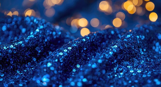 Stylish shimmering fabric design featuring blue sequins and festive bokeh illumination