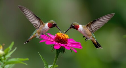 Obraz premium Colorful flower scene with duo of female Tufted Coquette hummingbirds in a playful fight