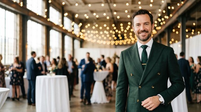 Gentleman in green double breasted suit smiling at wedding reception with bokeh string lights and guests mingling in industrial venue