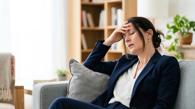 Tired professional woman in suit resting on sofa with hand on forehead, feeling stressed and exhausted in cozy living room