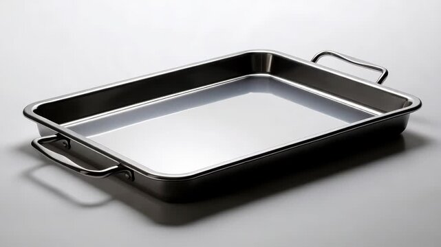 Polished rectangular stainless steel roasting pan with handles on a white studio background