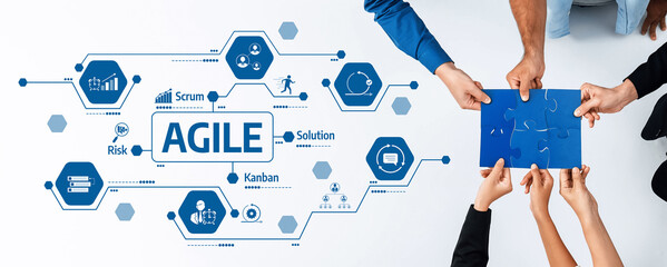 This image illustrates a collaborative approach to agile methodologies, showcasing teamwork...