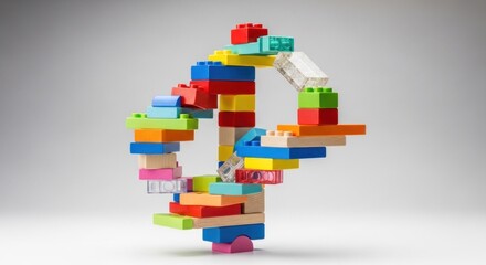 Obraz premium A colorful, multi-colored lego structure forming a letter 'D' with a white background and a gray floor.