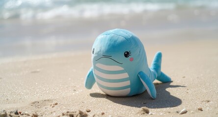 Obraz premium Adorable marine themed plush toy enjoying sunny sandy shore