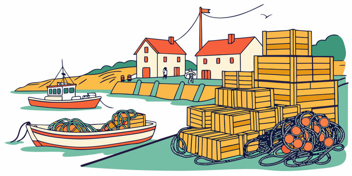 A harbor scene with boats and stacks of lumber Vector