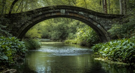 Elegant stone bridge arching above a gentle river with thriving green plants in a calm nature environment