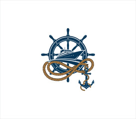 Fototapeta premium Nautical ship steering wheel with anchor and rope illustration design