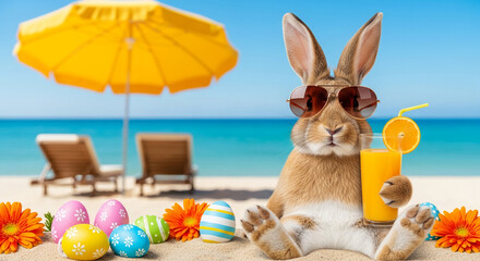 Fototapeta premium Furry rabbit with sunglasses on a sandy beach, next to juice and Easter eggs. Symbolizes Easter holiday, vacation, and a festive celebration
