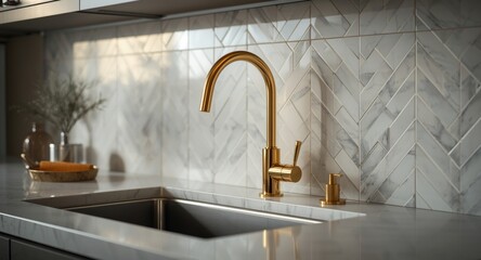 Sleek kitchen sink with gold faucet and herringbone tiled backsplash