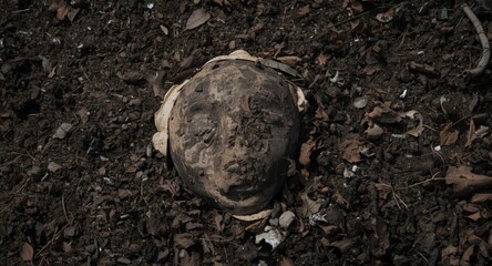 Obraz premium Discarded old health face covering on garden soil surface