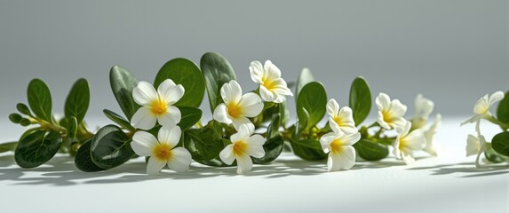 Bacopa plant showing white delicate petals and green leaves with sunny yellow flower centers on a white surface