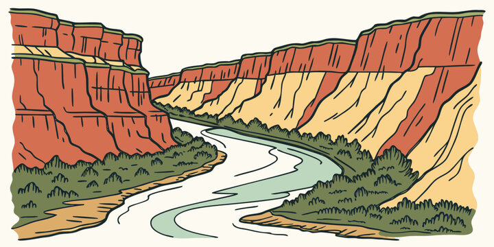A river flowing through a canyon with red and yellow rock formations Vector