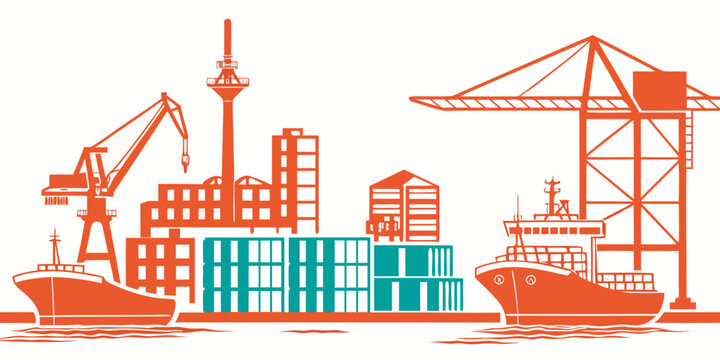 A cargo ship and containers at a port Vector