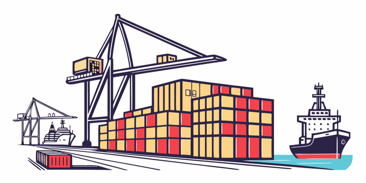 A cargo ship and cranes loading shipping containers Vector