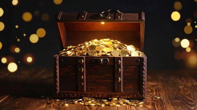 Open wooden treasure chest full of glowing gold coins on a rustic wooden table with bokeh lights background