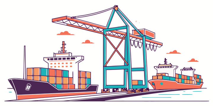 A cargo ship and tug boat with a crane Vector