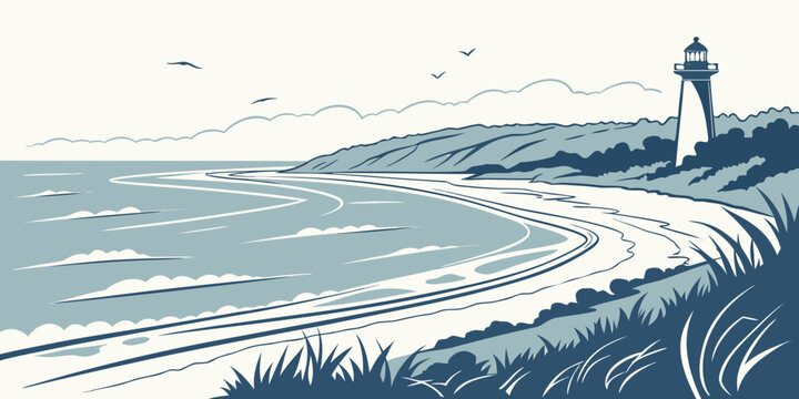 A serene coastal landscape with a lighthouse on a rocky shore Vector