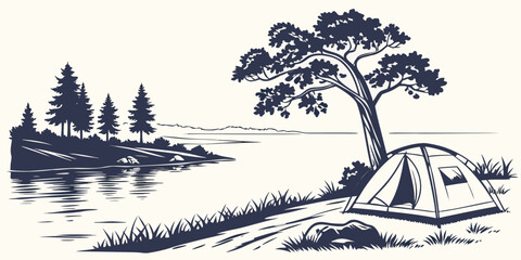 A tent pitched under a tree near a lake Vector © RABBY