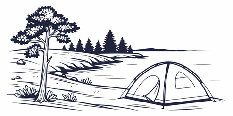 A tent and tree in a camping scene Vector © RABBY