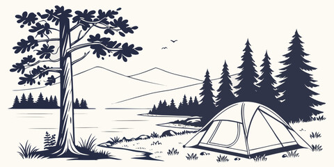 A tent pitched next to a tree in a forest Vector © RABBY