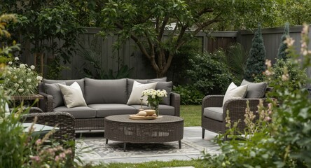 Naklejka premium Cozy grey cushions on wicker seating in a serene backyard garden