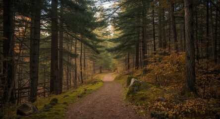 Fototapeta premium Autumn forest trail weaving among tall evergreen trees and mossy undergrowth in soft golden light
