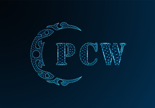 Low poly letter logo PCW design. PCW letter logo low poly vector design on blue color gradient background. PCW logo low poly design