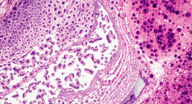 Detailed microscopic image of oral mucosa with desquamated squamous cells and right side dominant bacteria stained by HE
