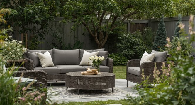 Cozy grey cushions on wicker seating in a serene backyard garden