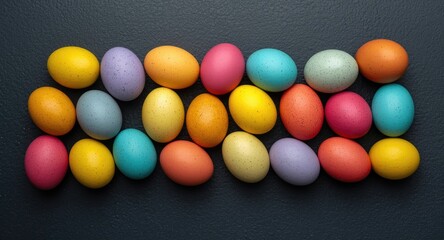 Obraz premium Bright assortment of colorful Easter eggs placed orderly on a dark surface for spring celebration themes