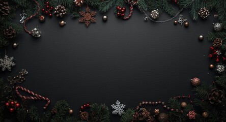 Obraz premium Dark backdrop with Christmas decorations arranged with copyspace from top angle