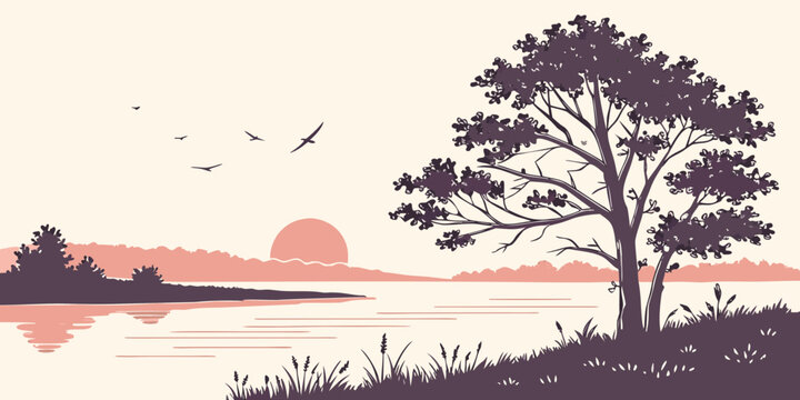 A tree stands alone on a hill by a serene lake at sunset Vector