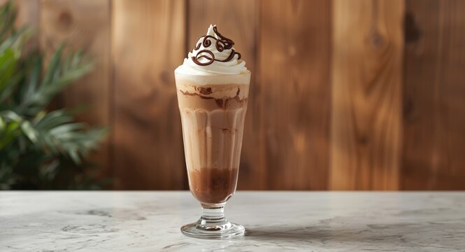 Creamy mocha coffee frappe served with whipped cream swirl and chocolate curl garnish