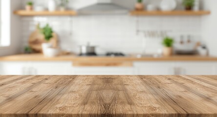 Close texture of wood table with out of focus kitchen counter backdrop perfect for product display and design arrangement