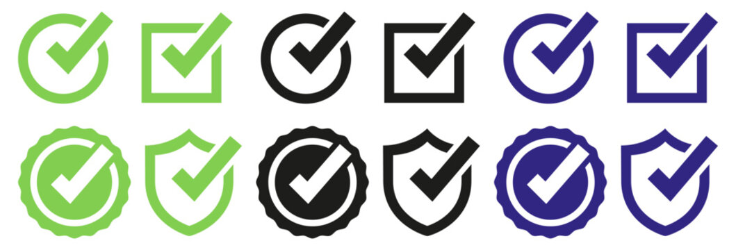 Set of 12 Check Mark Icons Vector in Green, Black, and Blue for Approval, Confirmation, and Success Status Indicators