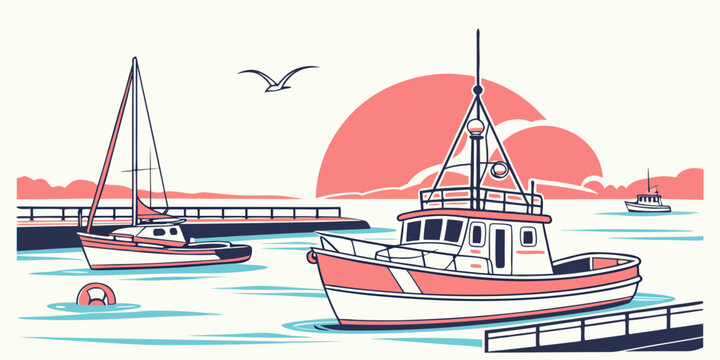 Boats are sailing on the water during sunset Vector