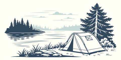 A tent pitched near a lake and trees Vector © RABBY