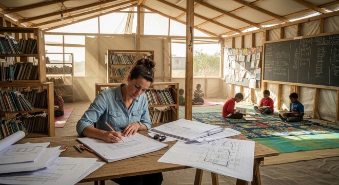 Architect designing blueprints in a temporary learning space