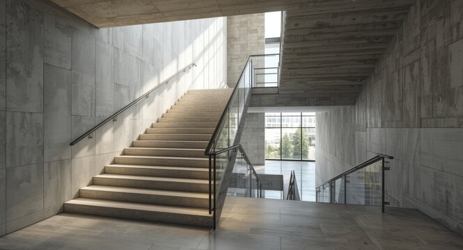 3D architectural rendering of a modern stairway going to an elevated floor