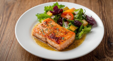 Appetizing salmon parmentier combined with vibrant salad on wooden dining surface