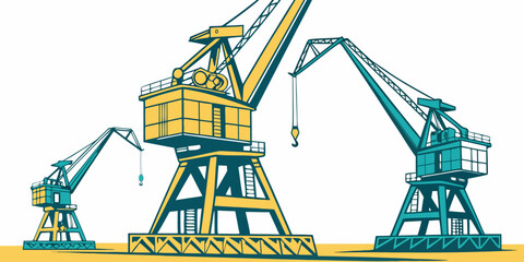Three industrial cranes on a yellow surface Vector © RABBY