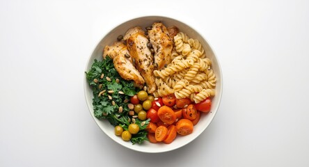 Top down view of a healthy balanced lunch bowl with juicy chicken fusilli pasta capers mixed leafy greens colorful vegetables and sunflower seeds copy space