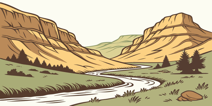 A serene mountain landscape with a river flowing through it Vector