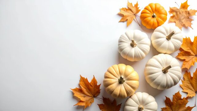 Minimalist autumn flat lay composition with white pumpkins and orange maple leaves on a clean white surface with copy space