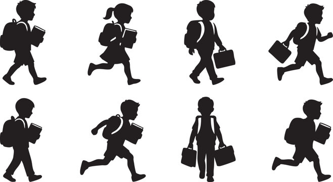 Set of seven black silhouettes of children walking and running with backpacks, books, and briefcases isolated on white background