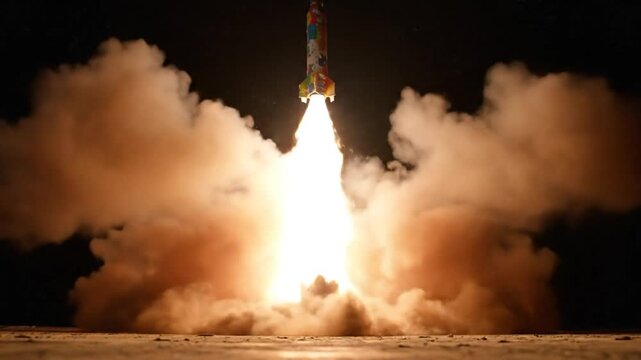 Colorful Paper Rocket Taking Off with Intense Fire and Thick Smoke Against a Dark Night Sky